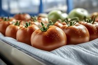 Fresh ripe tomatoes with water drops lined up on white cloth, selective focus on foreground fruits showing natural texture and stems in macro view.