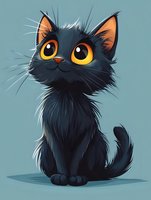 Adorable black kitten with large golden eyes and fluffy fur sitting on light blue background, cute cartoon style pet illustration for children's books.