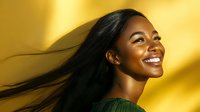 Young African American woman with flowing black hair and bright smile against vibrant yellow background, radiating joy and confidence in professional portrait lighting.