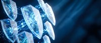 Futuristic digital shields with glowing blue energy effects and circuit patterns for cybersecurity and data protection concepts in technology design.