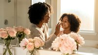 Mother and young daughter with dark curly hair applying skincare products together in bright bathroom with pink flowers, bonding moment for beauty routine and self-care.