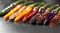 Fresh colorful chili peppers in row on dark background, variety from mild to hot with glitter decoration, food art concept for spicy cuisine and cooking.