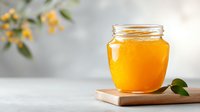 Golden honey jar on wooden board with soft blurred floral background, showcasing natural sweetener for healthy cooking and wellness products.