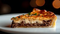 Slice of savory meat pie with flaky golden crust and juicy ground beef filling on white plate against dark background with warm bokeh lights.