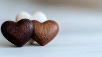 Two chocolate hearts on light wooden surface with soft blurred background, romantic concept for Valentine's Day celebrations.