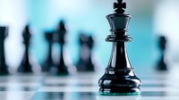 Black king chess piece in focus with blurred chess pieces in background against blue gradient, symbolizing leadership and strategic planning.