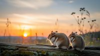 Two adorable squirrels sitting on wooden fence at golden sunset with wildflowers and warm lighting creating peaceful countryside scene for nature lovers.