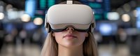 Young woman wearing virtual reality headset against blurred modern interior with bokeh lights and technology displays in background.
