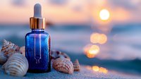 Blue glass dropper bottle with seashells on beach sand at sunset, golden sun and ocean bokeh lights create spa wellness atmosphere for aromatherapy and natural cosmetics.