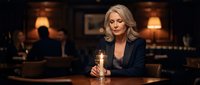 Elegant mature blonde businesswoman in dark suit holding whiskey glass in upscale bar lounge with warm ambient lighting and sophisticated atmosphere.
