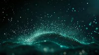 Glowing turquoise particles form dynamic wave pattern against dark background, creating magical atmosphere with floating bokeh lights and sparkling dust effect.