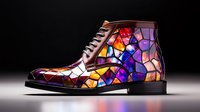 Stylish ankle boot with stained glass mosaic pattern in vibrant colors on dark leather background, illuminated design creates dramatic light effect. Artistic footwear concept.