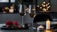 Romantic dinner setting with white wine glasses, red roses, chocolate dessert and glowing candles on dark table. Moody evening atmosphere with bokeh lights.