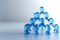 Translucent blue figures forming human pyramid shape on light background symbolizes teamwork, leadership and organizational hierarchy in business concept.