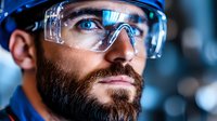 Bearded male industrial worker wearing protective safety glasses and hard hat in manufacturing facility, close-up portrait with dramatic blue lighting.