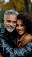 Mature interracial couple embracing outdoors in rain, wearing autumn jackets. Close-up portrait showing genuine happiness and connection against fall foliage background.