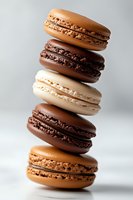 Stack of assorted French macarons in caramel, chocolate and vanilla flavors on light background, close up view of delicate almond meringue cookies.