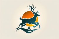 Stylized leaping deer silhouette against orange sunset with pine tree and mountain wave elements creates dynamic outdoor wilderness logo design on light background.