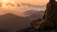 Monk in brown robes meditating at mountain summit during golden sunset with layered peaks and warm orange sky creating peaceful spiritual atmosphere.