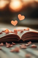 Open book with pink paper hearts floating above pages against blurred background, creating romantic atmosphere for Valentine's Day cards and love stories.