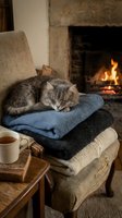 Gray tabby kitten resting on folded knit blankets beside fireplace with warm beverage and books, cozy home interior setting.