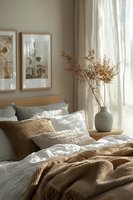 Cozy bedroom interior with neutral tones, knitted throw blanket, dried flowers in vase, framed botanical prints on wall, natural light through curtains.