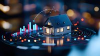Digital visualization of real estate market data with glowing house model surrounded by financial charts, graphs and analytics in dark blue tones. Suitable for property investment.