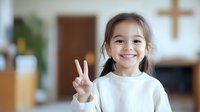 Young Asian girl in white sweater showing peace sign gesture with cheerful smile at home, cross on wall in background, positive childhood expression.