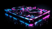 Professional DJ controller illuminated by vibrant neon pink and blue lights against dark background, creating modern nightclub atmosphere with glowing effects.