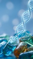DNA double helix structure with colorful glass capsules on blue background for medical research and biotechnology applications.