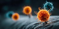 Microscopic view of orange virus particles with spiky surface structures on textured gray surface, medical science concept for disease research.