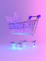 Shopping cart with tropical leaves in neon purple and pink gradient lighting, glowing wheels create futuristic retail atmosphere for modern commerce concepts.