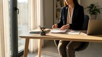 Professional businesswoman working at modern office desk reviewing documents with laptop and coffee in bright workspace with natural lighting.