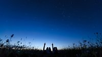 Silhouettes of couple sitting in grass field under starry night sky with gradient blue twilight horizon for romantic outdoor adventure concepts.