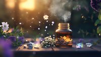 Glowing mason jar with flowers at sunset, magical garden atmosphere with bokeh lights and floating petals, dreamy nature composition with soft smoke effects.