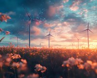 Wind turbines rise above blooming wildflower meadow at sunset, pink clouds and turquoise sky create dreamy atmosphere for sustainable energy concept.