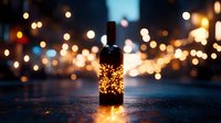 Wine bottle silhouette against blurred bokeh lights creating magical evening atmosphere. Dark background with glowing golden sparkles sets romantic mood.