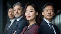 Confident Asian businesswoman leading a team of professional executives in formal suits, corporate leadership concept.