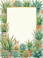 Watercolor succulent and aloe vera border frame with gold rectangle, copy space for text, botanical garden design for cards and invitations.
