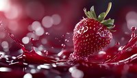 Fresh ripe strawberry splashing in red juice with dynamic liquid motion and bokeh lights creating vibrant food photography for culinary designs.