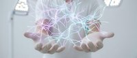 Professional woman's hands presenting glowing network connections with colorful light effects representing digital technology and innovation concepts.