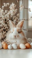 Fluffy white and orange bunny sitting among spring cherry blossoms and colorful Easter eggs in soft natural light, creating a festive holiday atmosphere.