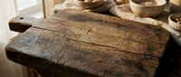 Rustic weathered wooden cutting board with natural grain texture and cracks on kitchen counter with ceramic bowls in background for culinary food preparation.