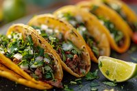 Mexican street tacos with seasoned meat, fresh cilantro, diced onions, and lime wedges arranged in row on dark background, selective focus on garnished filling.