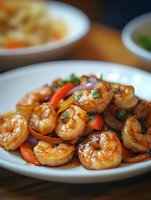 Succulent grilled shrimp with colorful bell peppers and red onions in sweet and savory Asian-style sauce, garnished with fresh herbs on white plate.