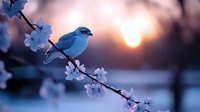 Small blue bird perched on blooming cherry blossom branch at sunset with soft bokeh background creating peaceful spring nature scene.