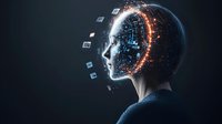 Digital transformation concept showing female profile with glowing network patterns and floating data elements emerging from head against dark background.