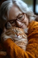 Senior woman with silver hair wearing orange knit sweater and glasses embraces ginger cat in tender moment showing companionship and comfort between pets and elderly.