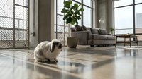 Adorable cat sitting on polished floor in modern minimalist living room with large windows, gray sofa and green plant creating cozy home atmosphere.