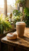 Coffee cup and sugar-dusted donut on wooden table by sunny window with lush green houseplants, ideal for cafes and breakfast content.